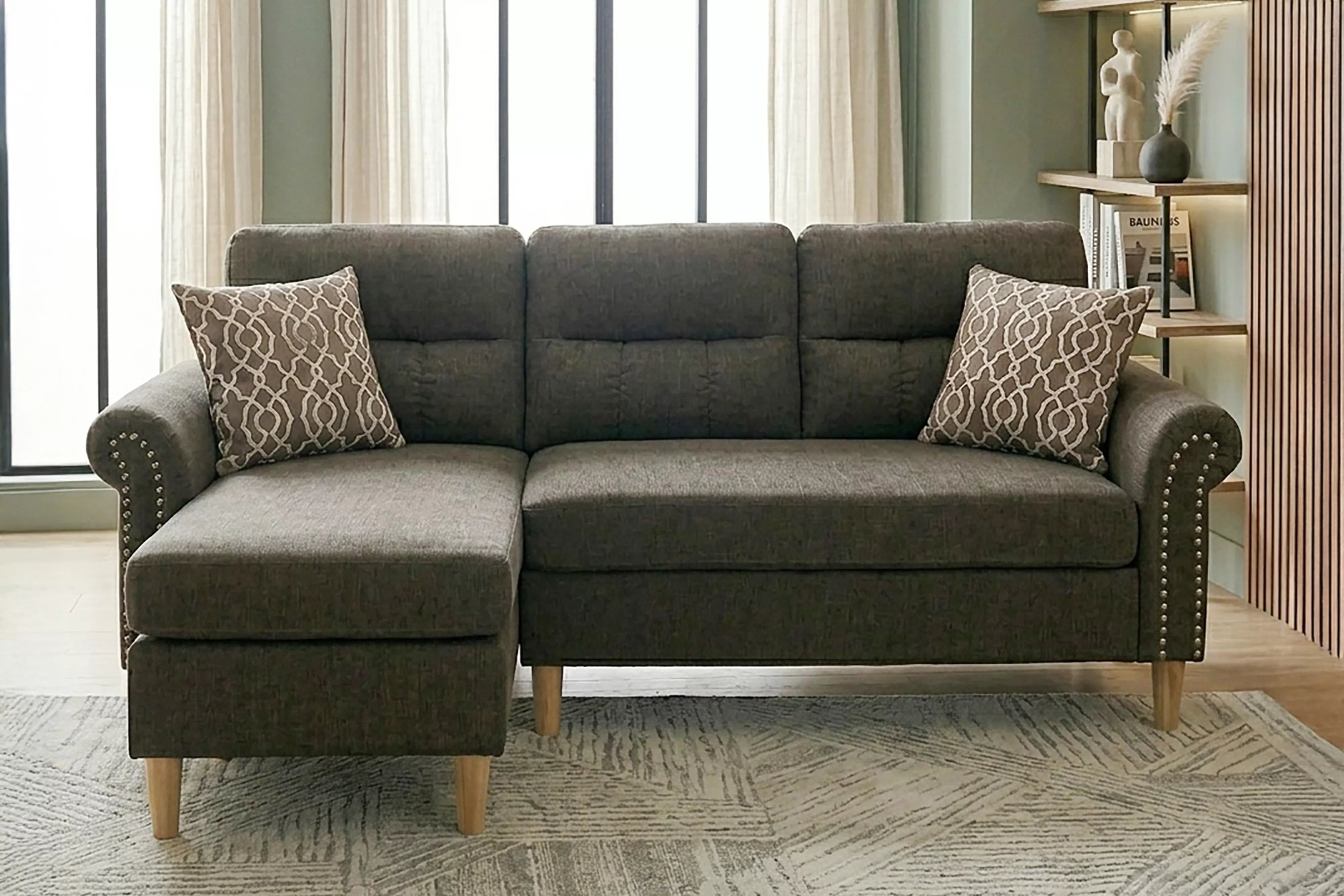 Tan 2-Piece Reversible Sectional with 2 Accent Pillows