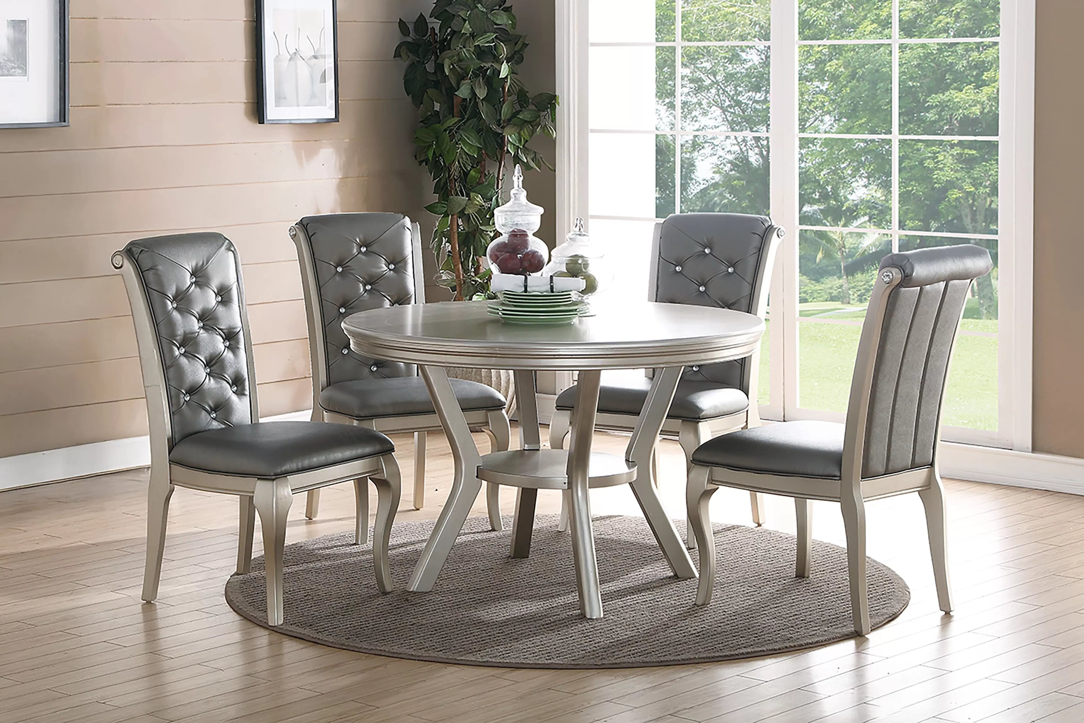 Silver Round 5-Piece Dining Set with Tufted Chairs