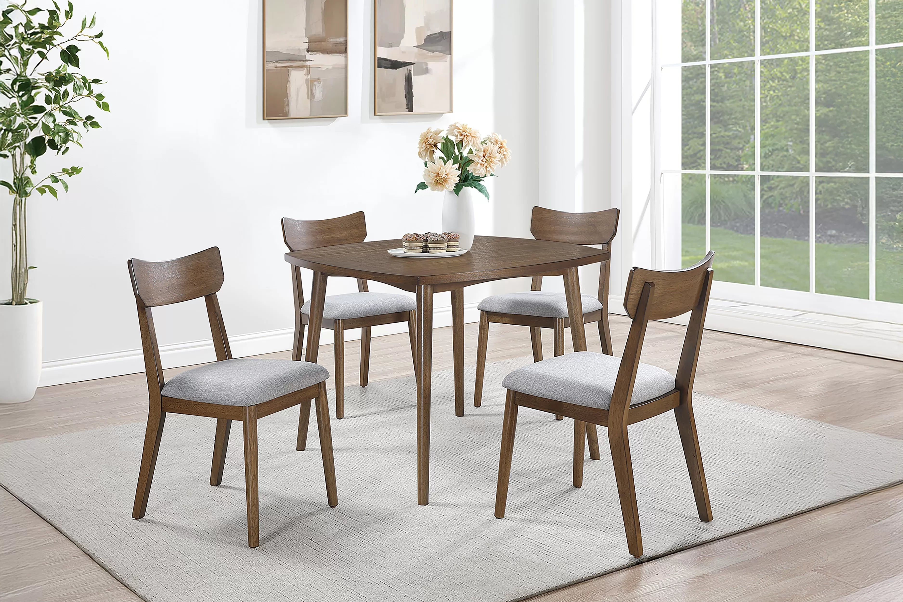Walnut Square 5-Piece Dining Set with Upholstered Chairs