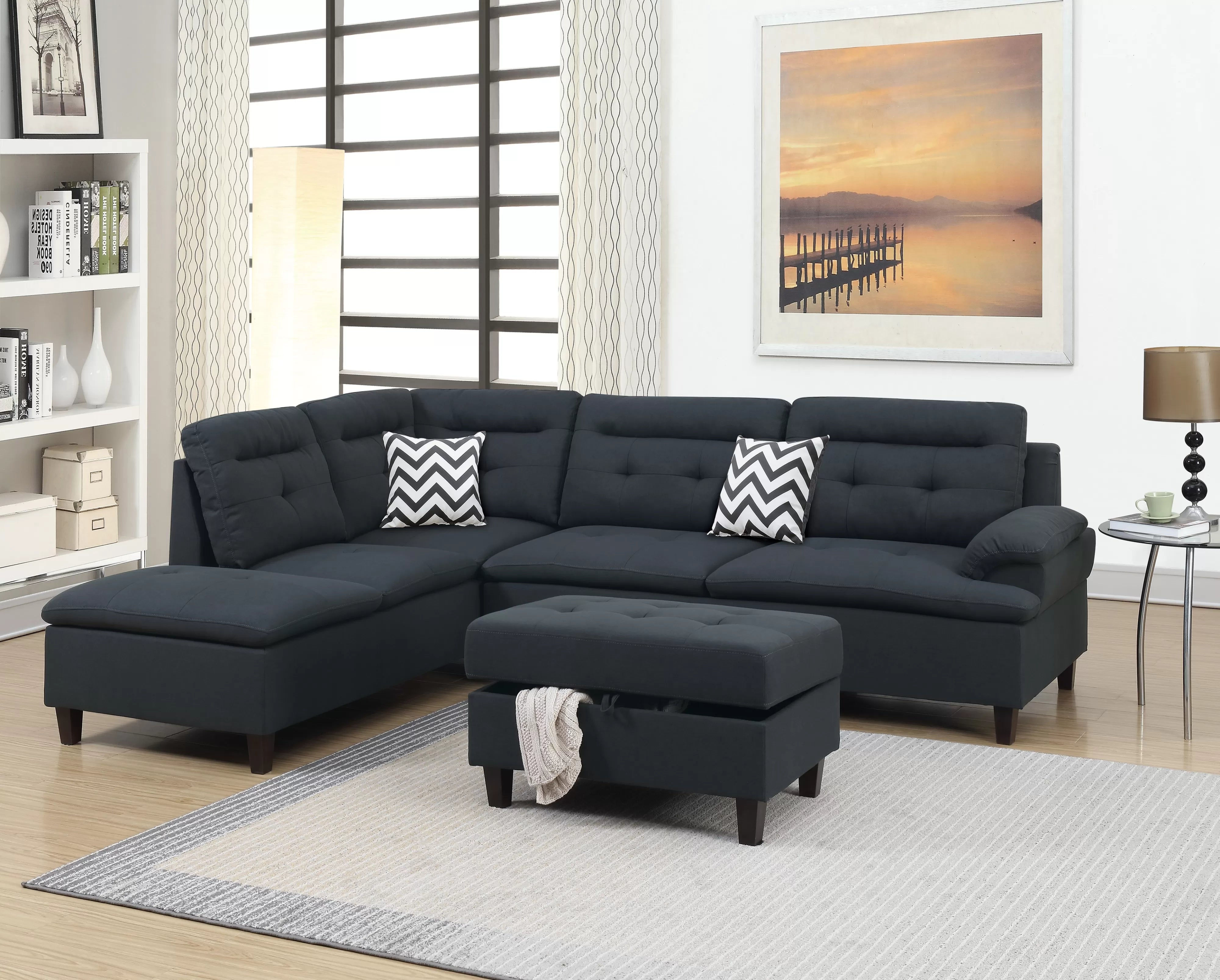Black 3-Piece Sectional Set with Ottoman — F6588