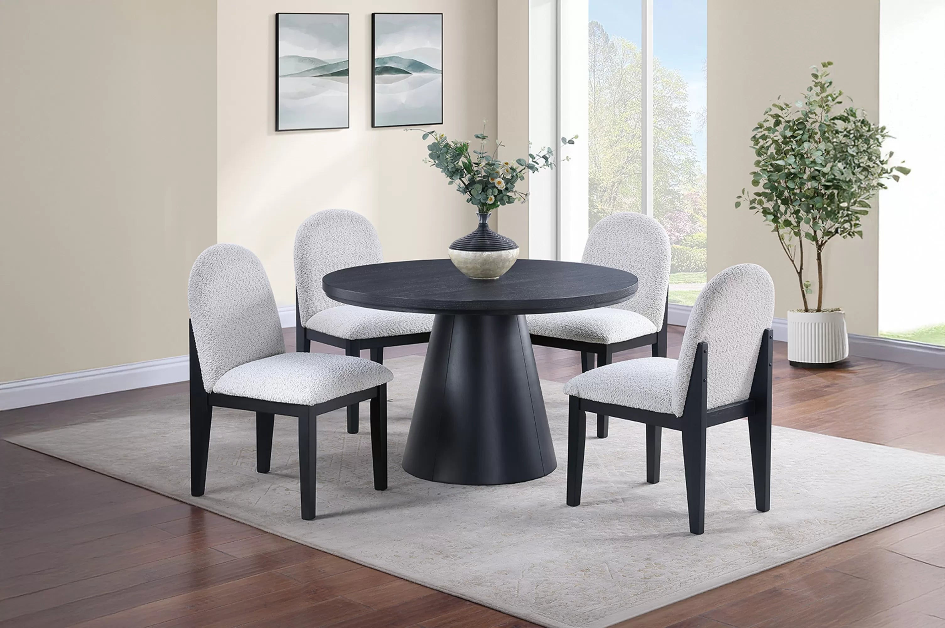 Black Round 5-Piece Dining Set with Bouclé Chairs