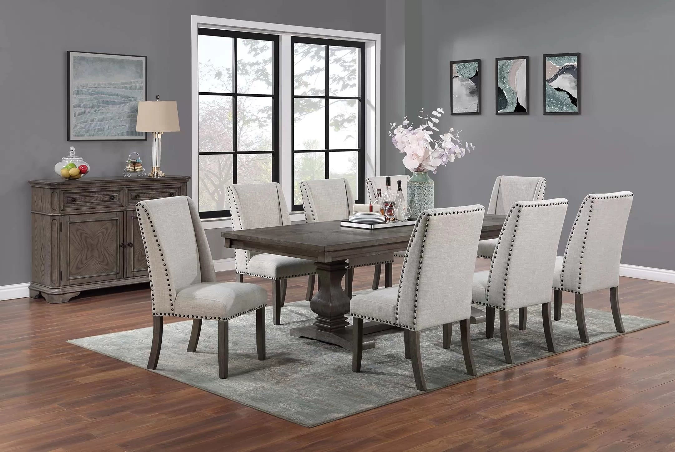 Double-Pedestal 5-Piece Dining Set with Nailhead Chairs