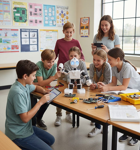 Group of children controlling movements of the JD Humanoid robot with a Mbile App on a Tablet device.