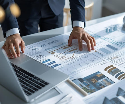 A clean, modern business-themed image showing a real estate developer or investor reviewin