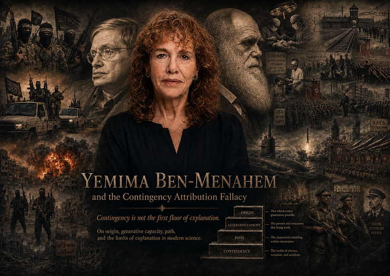 Poster for the article “Yemima Ben-Menahem and the Contingency Attribution Fallacy.” The image places Ben-Menahem before a severe historical and semantic landscape: Darwinian inheritance, modern physics, ideological catastrophe, eugenics, mass obedience, poverty, militarized politics, nuclear strategy, authoritarian violence, and contemporary terror. The poster does not present these elements as a simple causal chain, but as a tragic field of modern explanatory pressure — a field in which the distinction between origin, generative capacity, path, and contingency becomes decisive. Its visual thesis is the article’s central thesis: contingency is not the first floor of explanation. It begins only after the conditions of possibility, the generative capacity, and the path have already been defined.