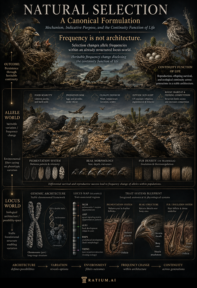 Scientific poster illustrating natural selection as a biological canon: the locus world as genomic architecture and possibility-space, the allele world as heritable variation and frequency change, and continuity across generations through reproduction, survival, food acquisition, and environmental filtering.