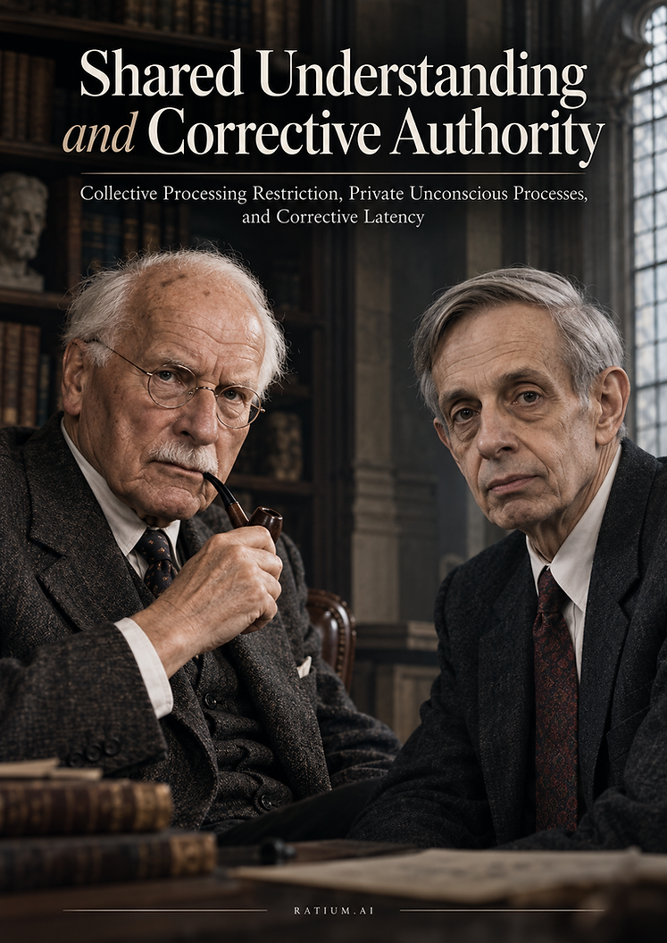 Carl Gustav Jung and John Forbes Nash in a formal academic study, representing the themes of collective and private unconscious processes, shared understanding, strategic persistence, and corrective authority in the article “Shared Understanding and Corrective Authority.”
