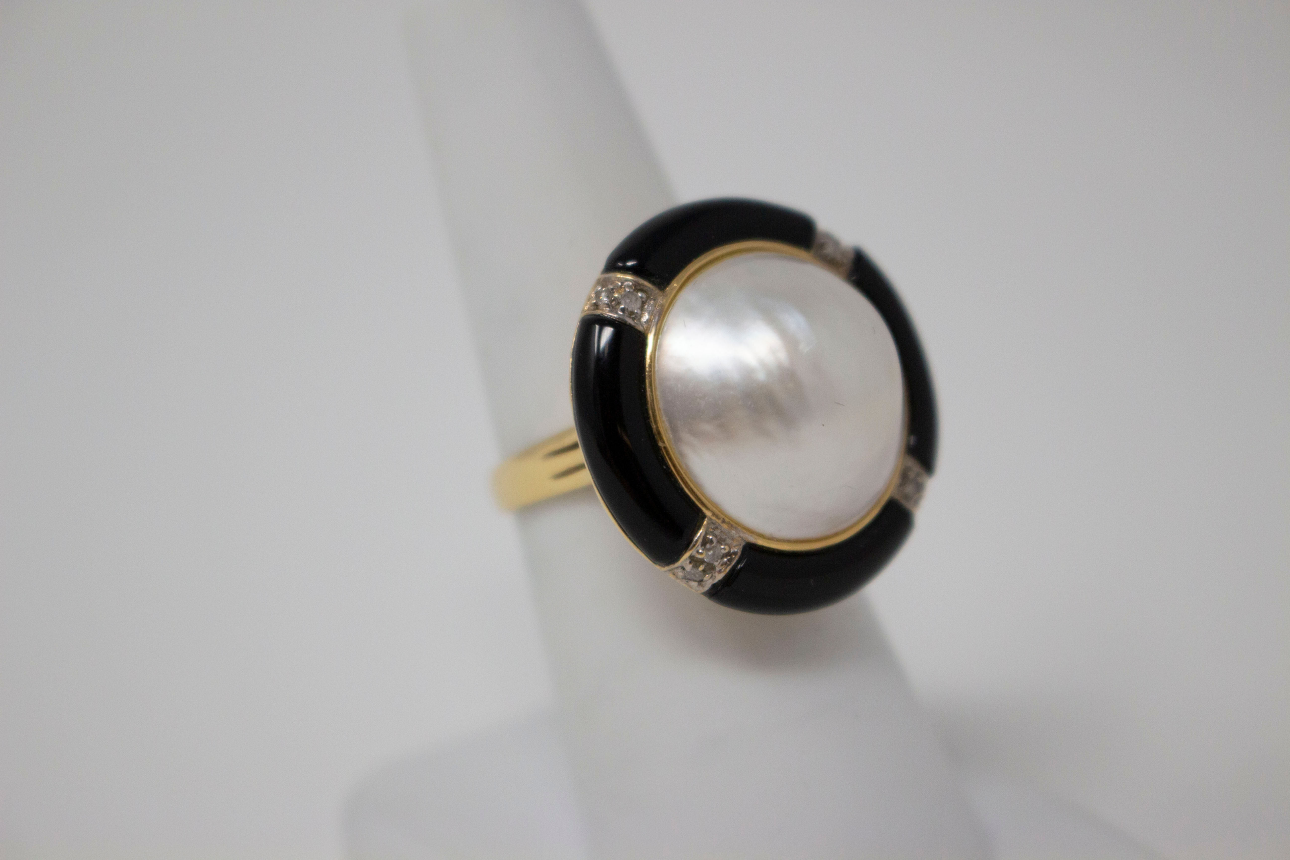 14k Gold Cultured Mabe Pearl, Diamond & Onyx Ring