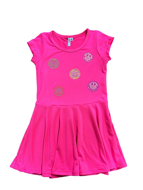 Neon Pink Short Sleeve Dress with Neon Happy Face | Sofi Clothing Neon Pink Short Sleeve Dress with Neon Happy Face | Sofi Clothing