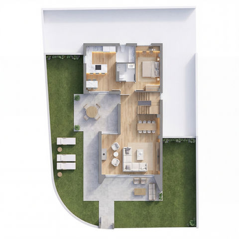 Plano de distribución 3D de vivienda unifamiliar para promotoras y constructoras.