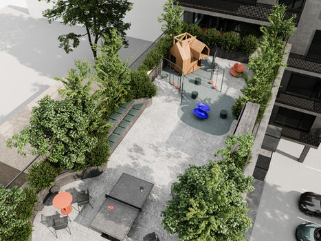 Riverproperties skolas iela 17 jaunais projekts Rīgā, komercplatības un dzīvojamās platības, Rīgas vēsturiskais centrs, Rīgas centrs, iekšpagalms, bērnu laukums, terase