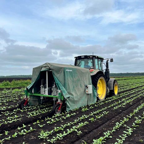 Desherbex weeder being pulled through a field by a tractor.
