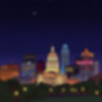 Cartoon of Austin, Texas skyline at night with Texas Capitol and sign that says AUSTIN. Ac