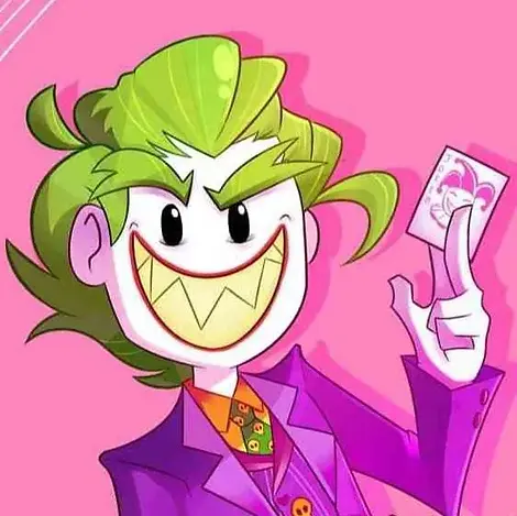 Peau blanche, cheveux vert fluo et sourire beaucoup trop rouge... il a un costard violet et orange et jaune, bref, un clown !
