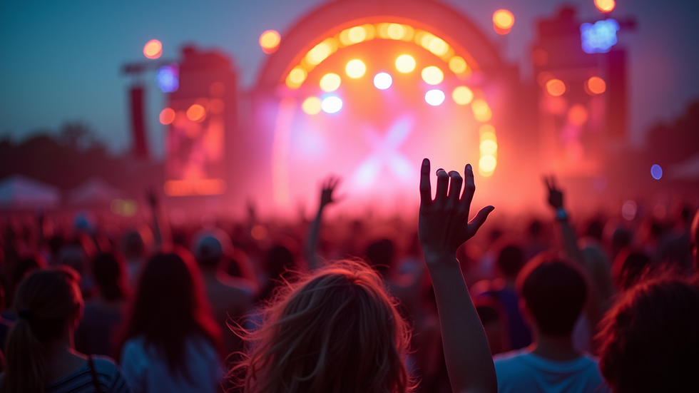 Wide angle view of a vibrant music festival crowd