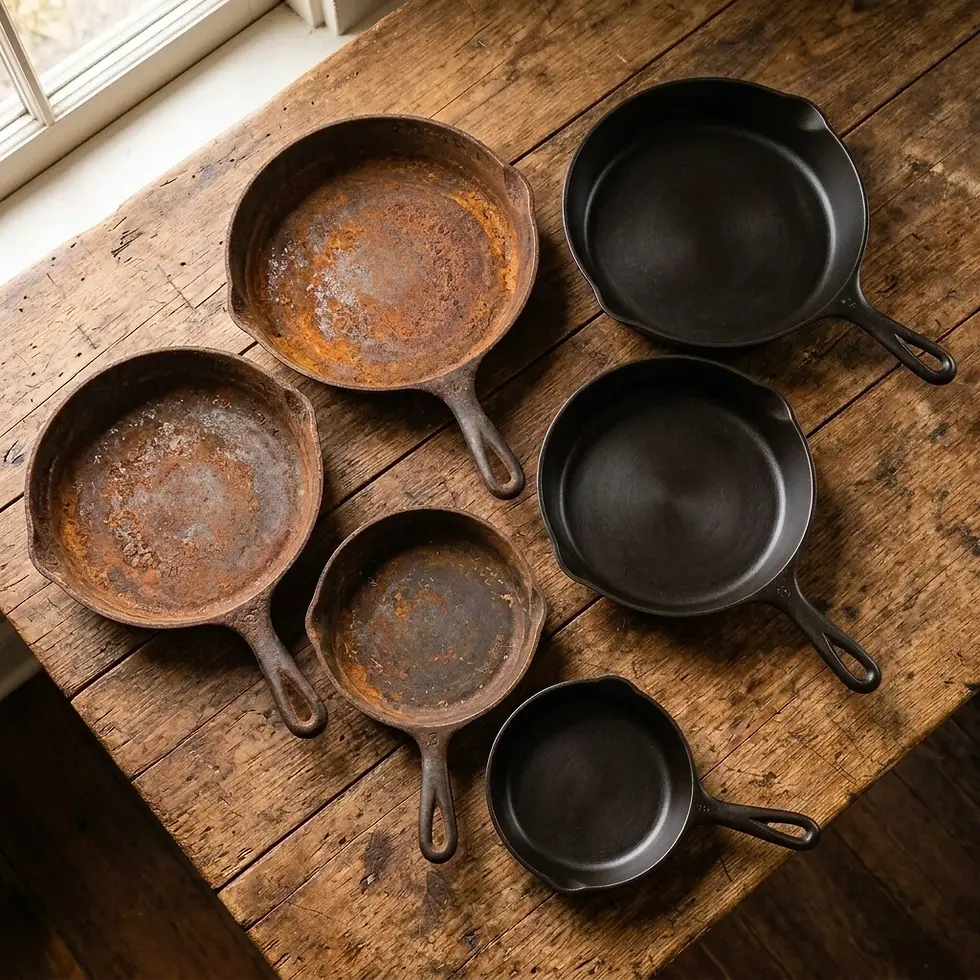 Still life photography of cast iron skillets. A collection of vintage, rusted pans contrasts with newer, well-maintained ones, arranged on a rustic wooden surface.