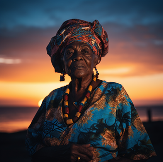 AI image of a Black elder infront of a sunset, she is wearing a head scarf and beads