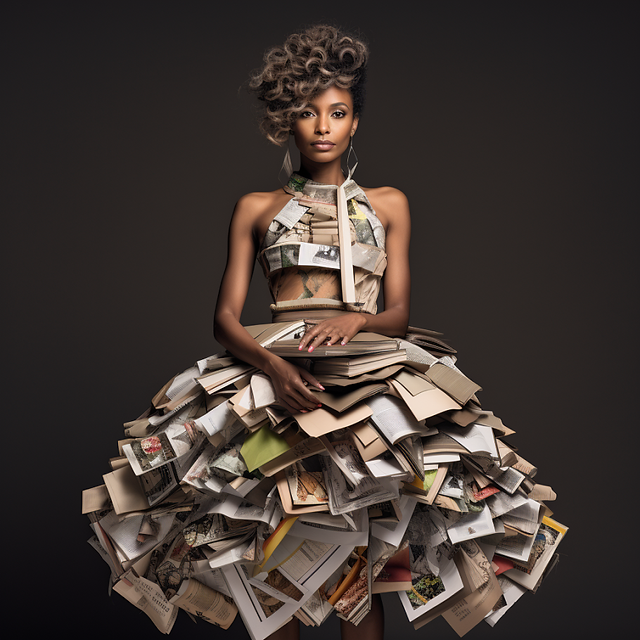 AI image of a woman with a dress made of books