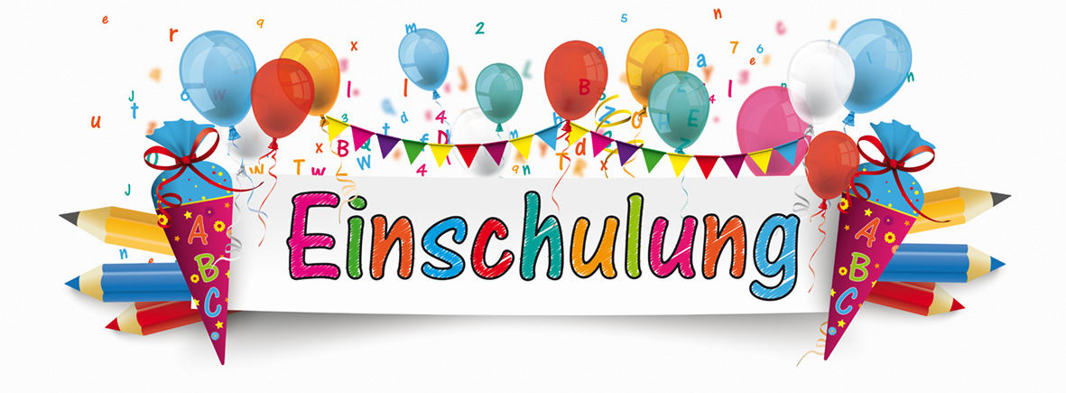 Banner Einschulung mit Zuckertüten, Buntstiften, Luftballons, Konfetti und Girlanden