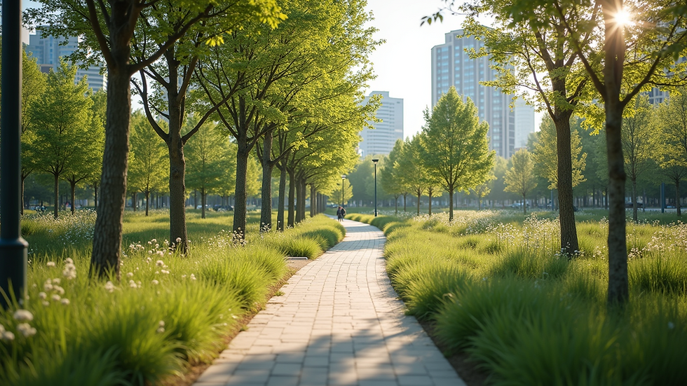 Eye-level view of a sustainable urban park with green spaces and walking paths