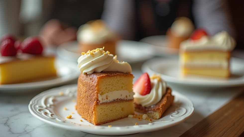 Close-up view of a cake tasting session with various cake slices on a table