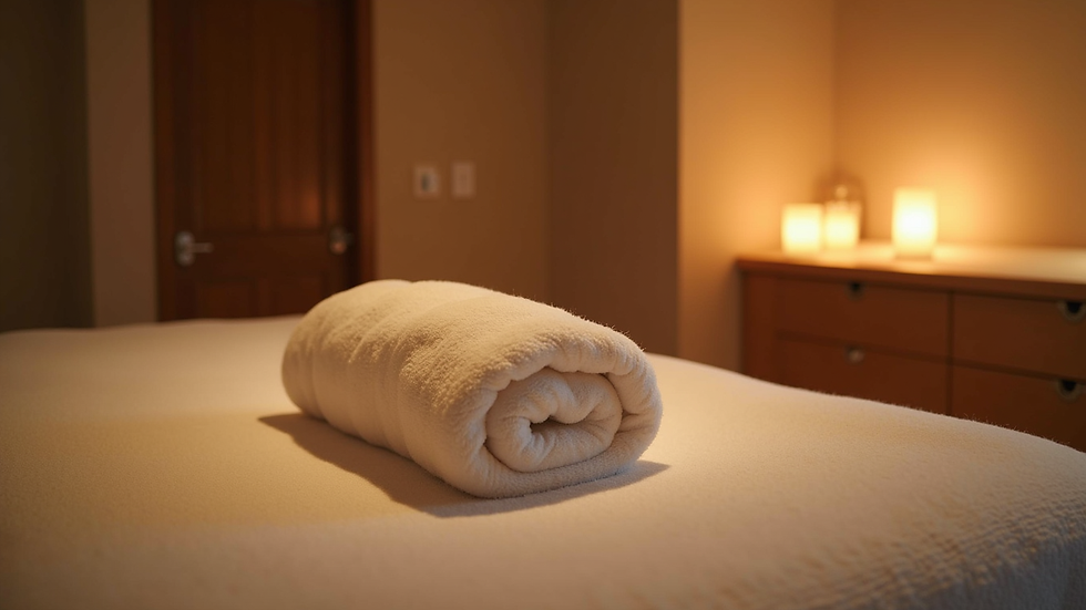Close-up view of a cozy massage room with soft lighting
