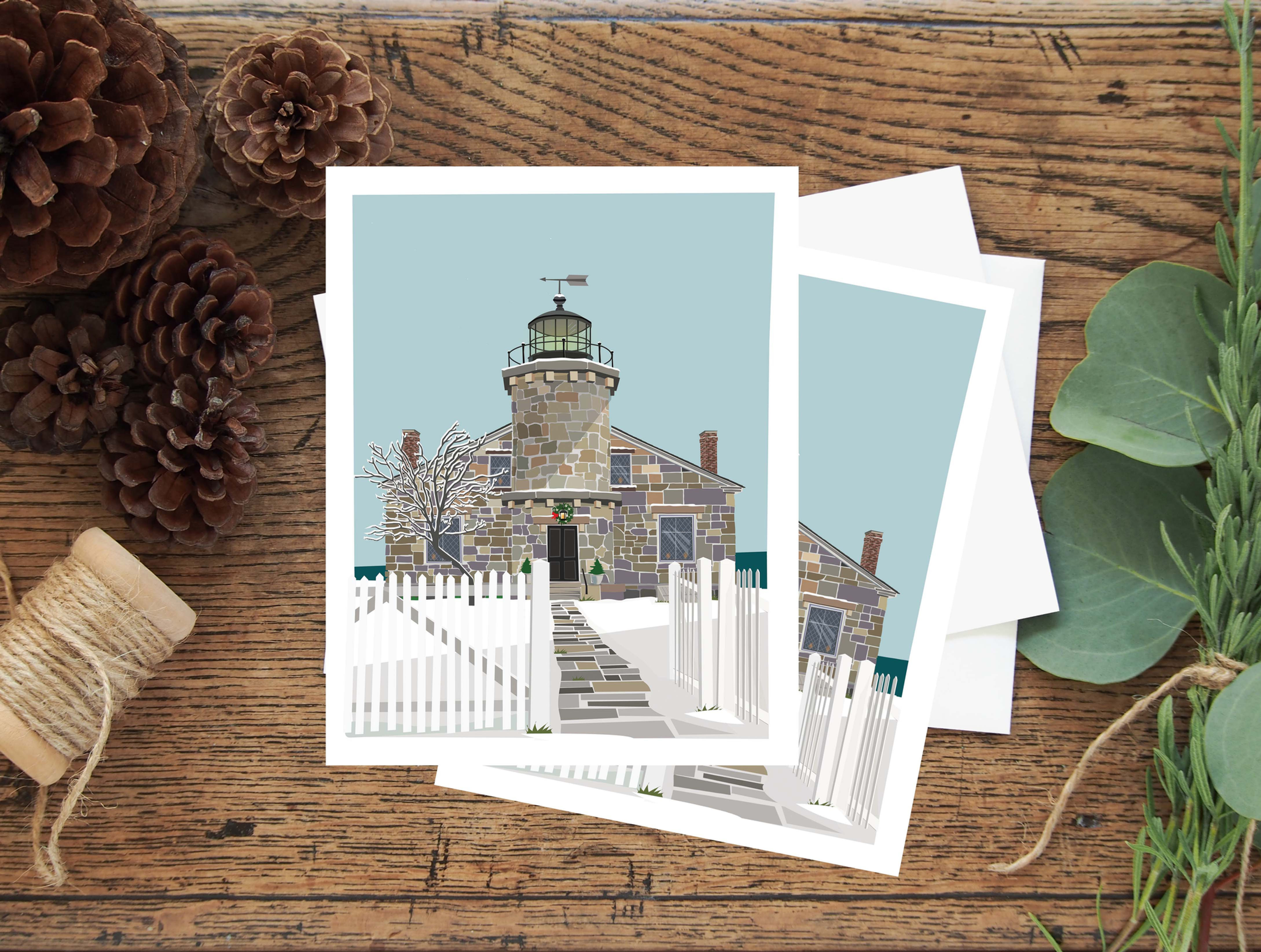 Shiny Snowy Stonington Lighthouse Christmas Notecards