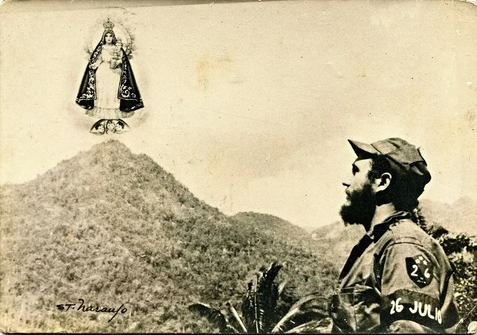 Promotional photo card of Fidel Castro, with an image of "Our Lady of Charity" in the Sierra Maestra Mountains, Studio Naranja, Public domain, via Wikimedia Commons