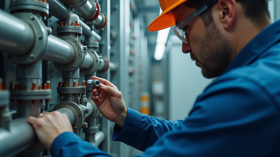 Close-up view of technician inspecting power piping system