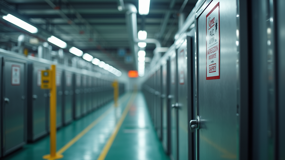 Eye-level view of industrial refrigeration plant with safety signage
