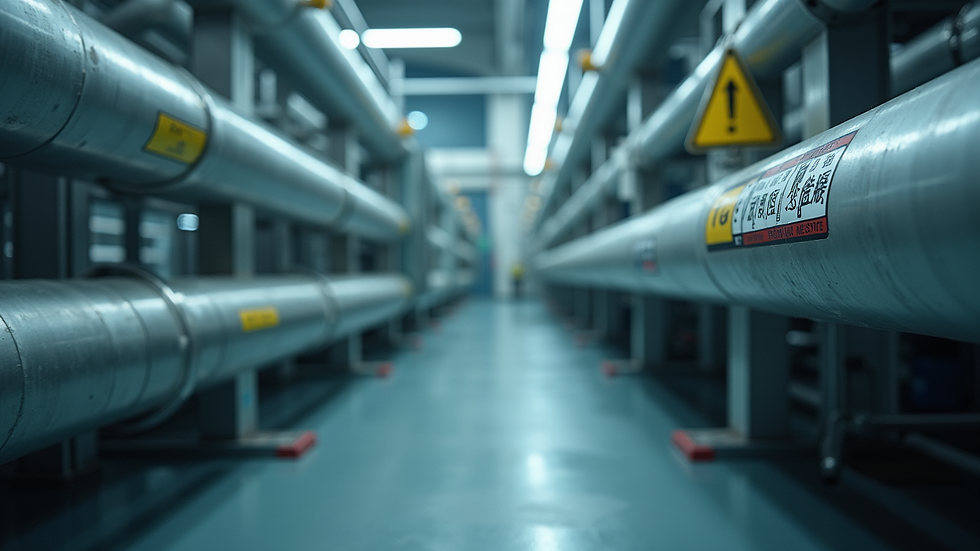 Eye-level view of industrial refrigeration piping with safety labels