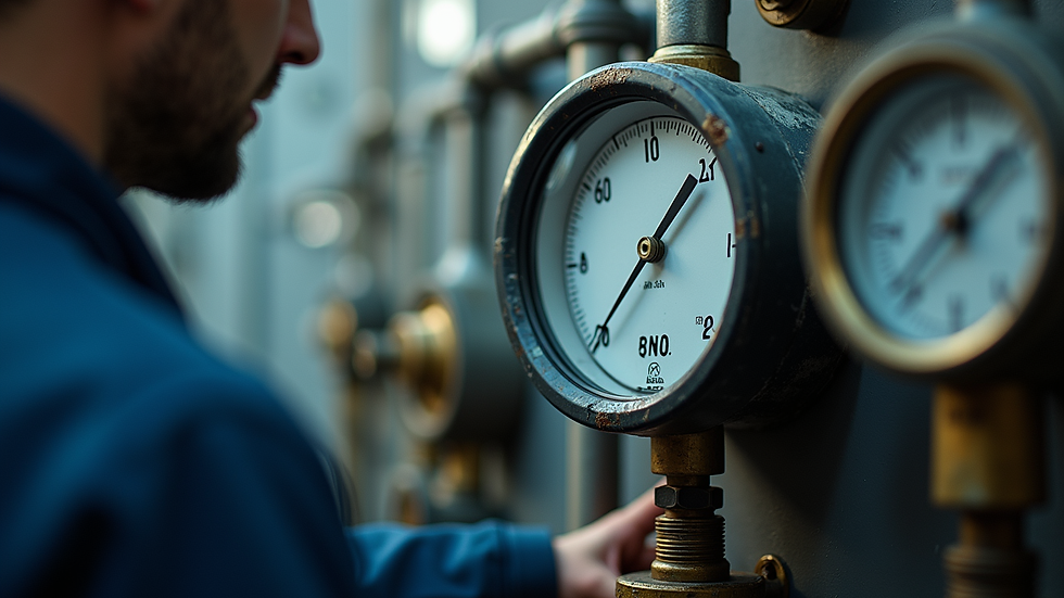 Close-up view of technician inspecting boiler gauges