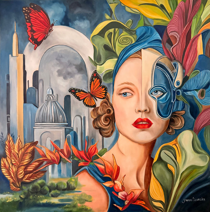 Obraz olejny „Cyfrowa tożsamość” — surrealistyczny portret kobiety z niebieską opaską i półmaską w stylu cyfrowym, na tle geometrycznej architektury, wśród liści, kwiatów i motyli.