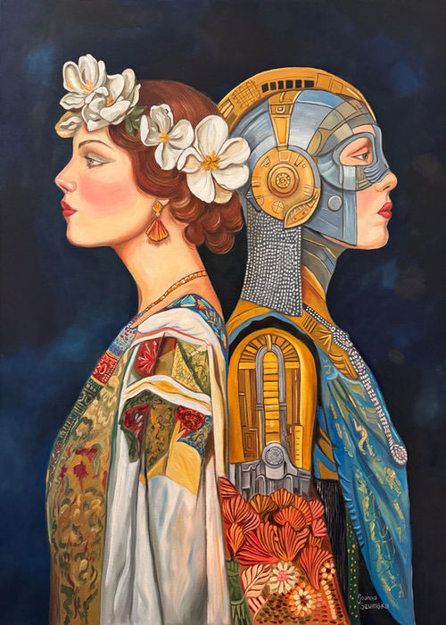 Portret dwóch kobiecych postaci ustawionych plecami do siebie – jednej naturalnej z kwiatami we włosach i drugiej w futurystycznej, mechanicznej formie cyborga; obraz olejny symbolizujący komunikację między naturą a technologią.