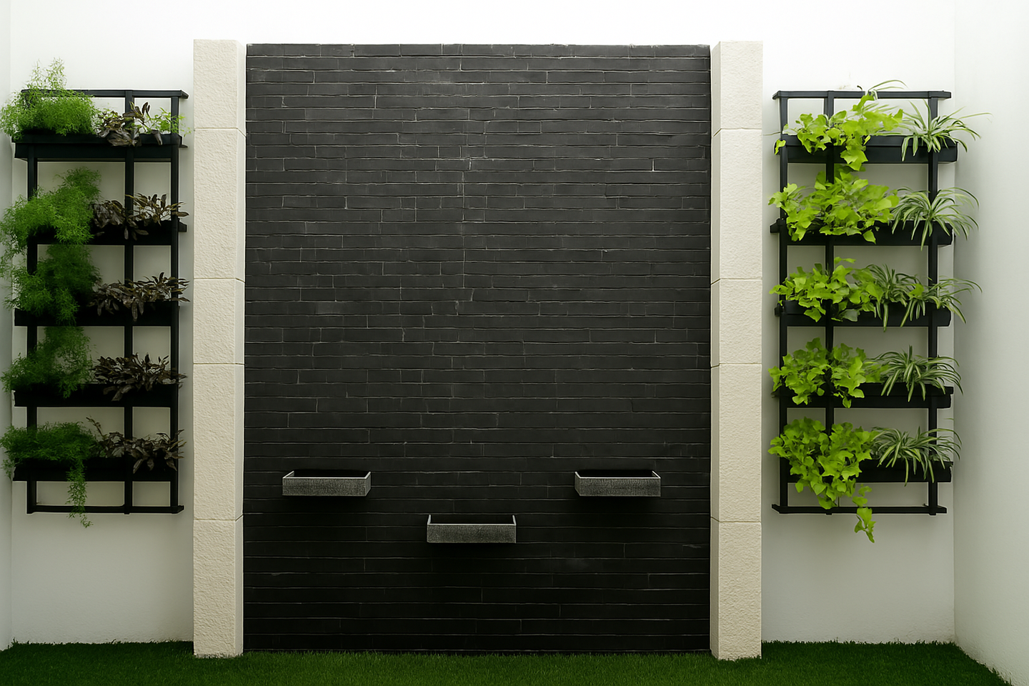 Pared de ladrillo negro con plantas en macetas en estantes de metal