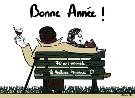 Illustration personnalisée d'un couple de personnages âgées amoureuses de la vie, de lecture et du vin