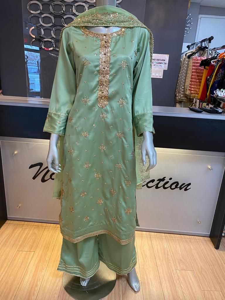 Mint Green Pure Shamoz Silk Outfit with Palazzo Pants