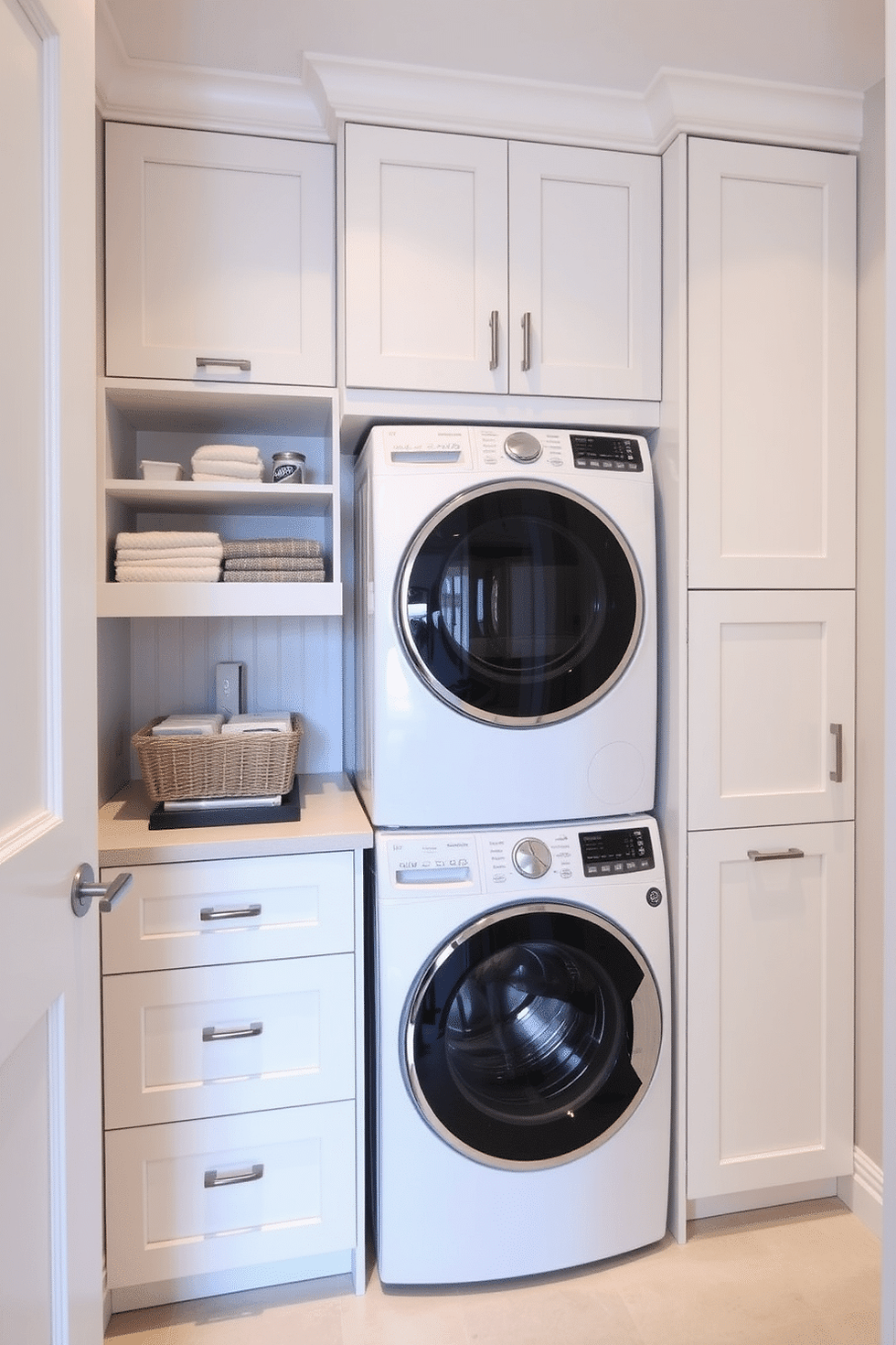 Bright, clean laundry room with stacked washer and dryer