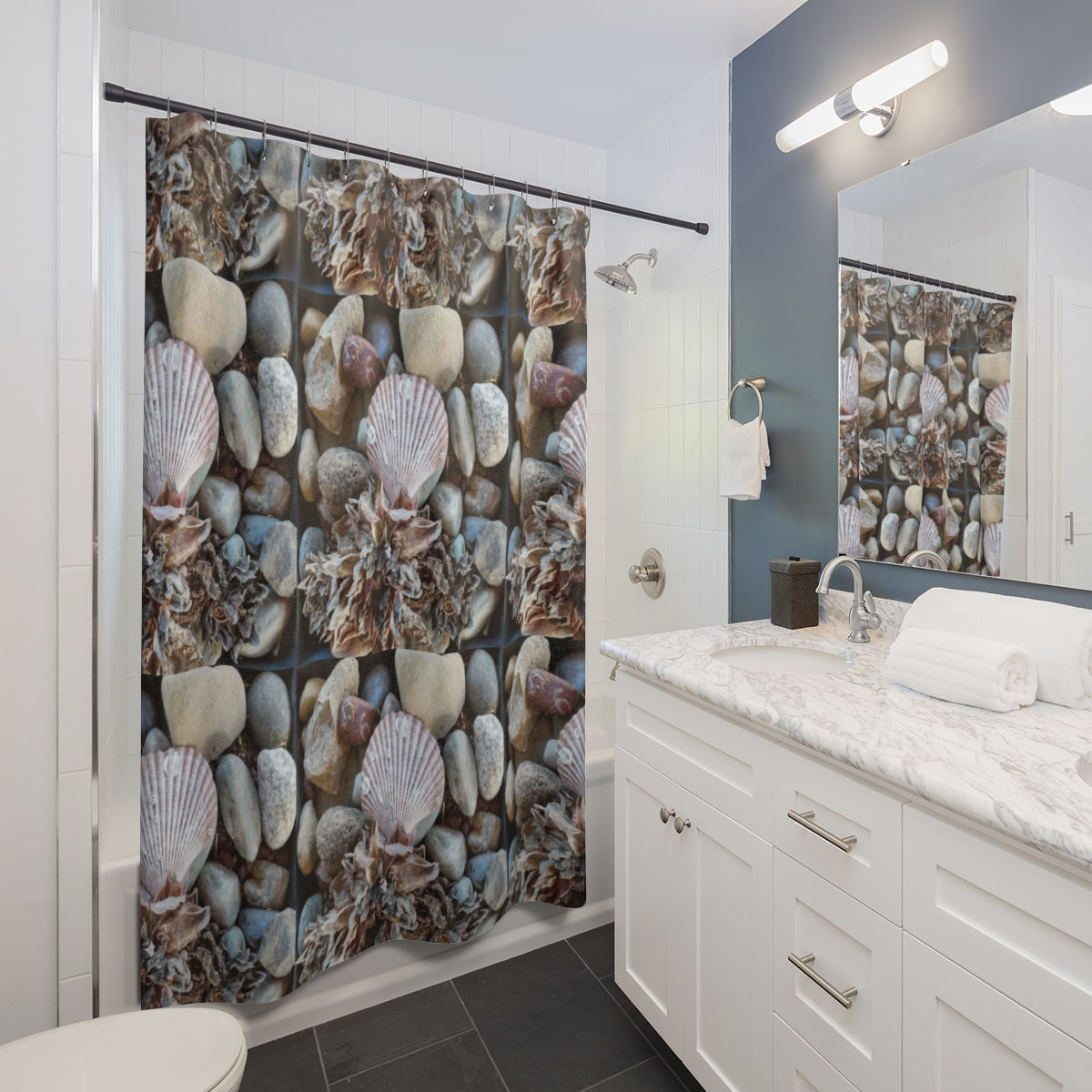 seashell and rocks Shower Curtains