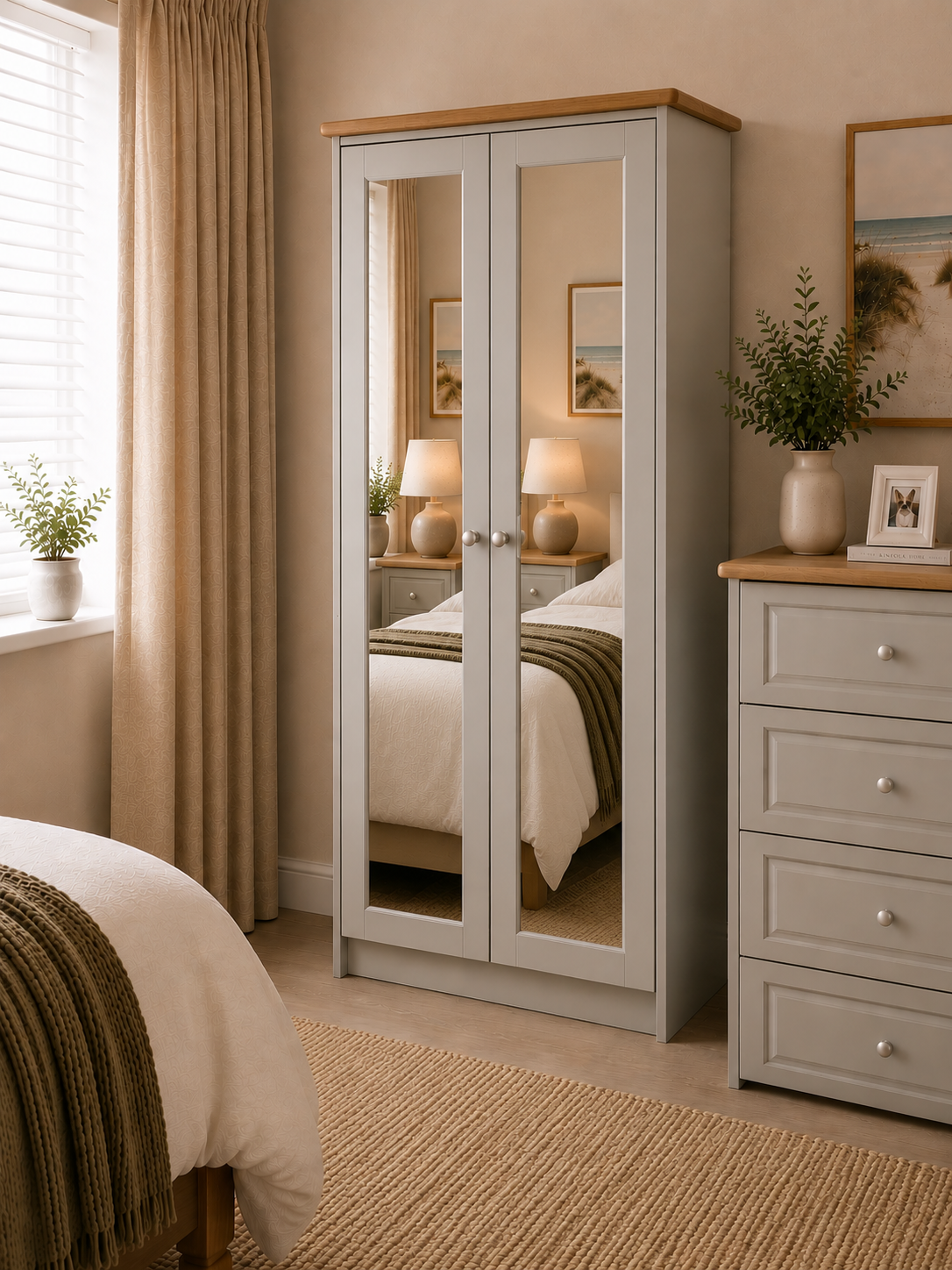 Kinvara Grey & Oak Mirrored 2 Door Wardrobe | Made in Ireland