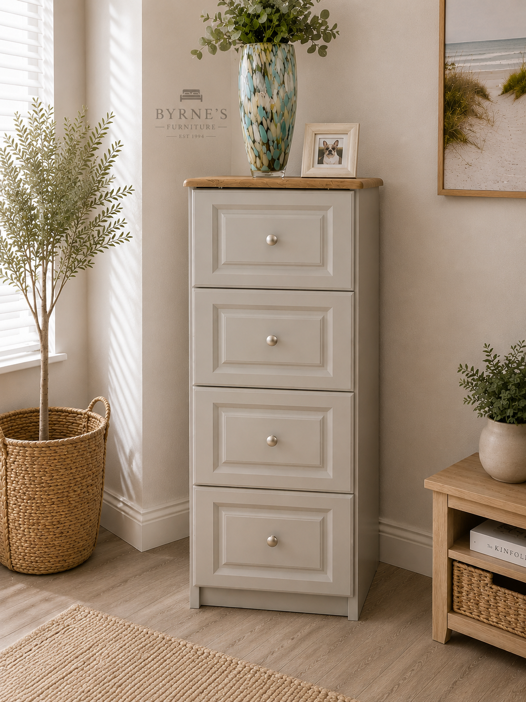 Kinvara Grey & Oak 4 Drawer Tallboy | Made in Ireland | Fully Assembled | Byrnes