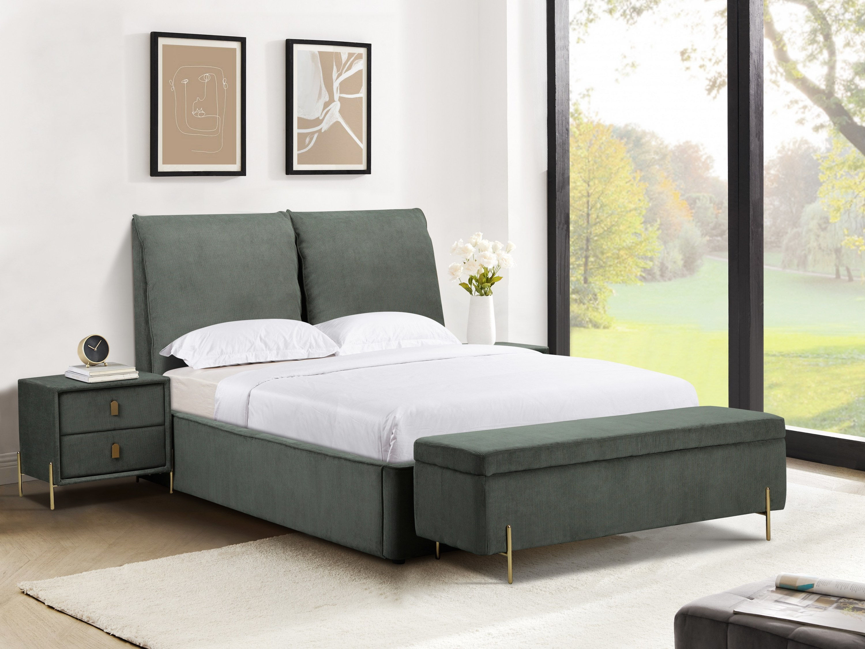 Waterford Green Corded Ottoman Storage Bed with Double Headboard