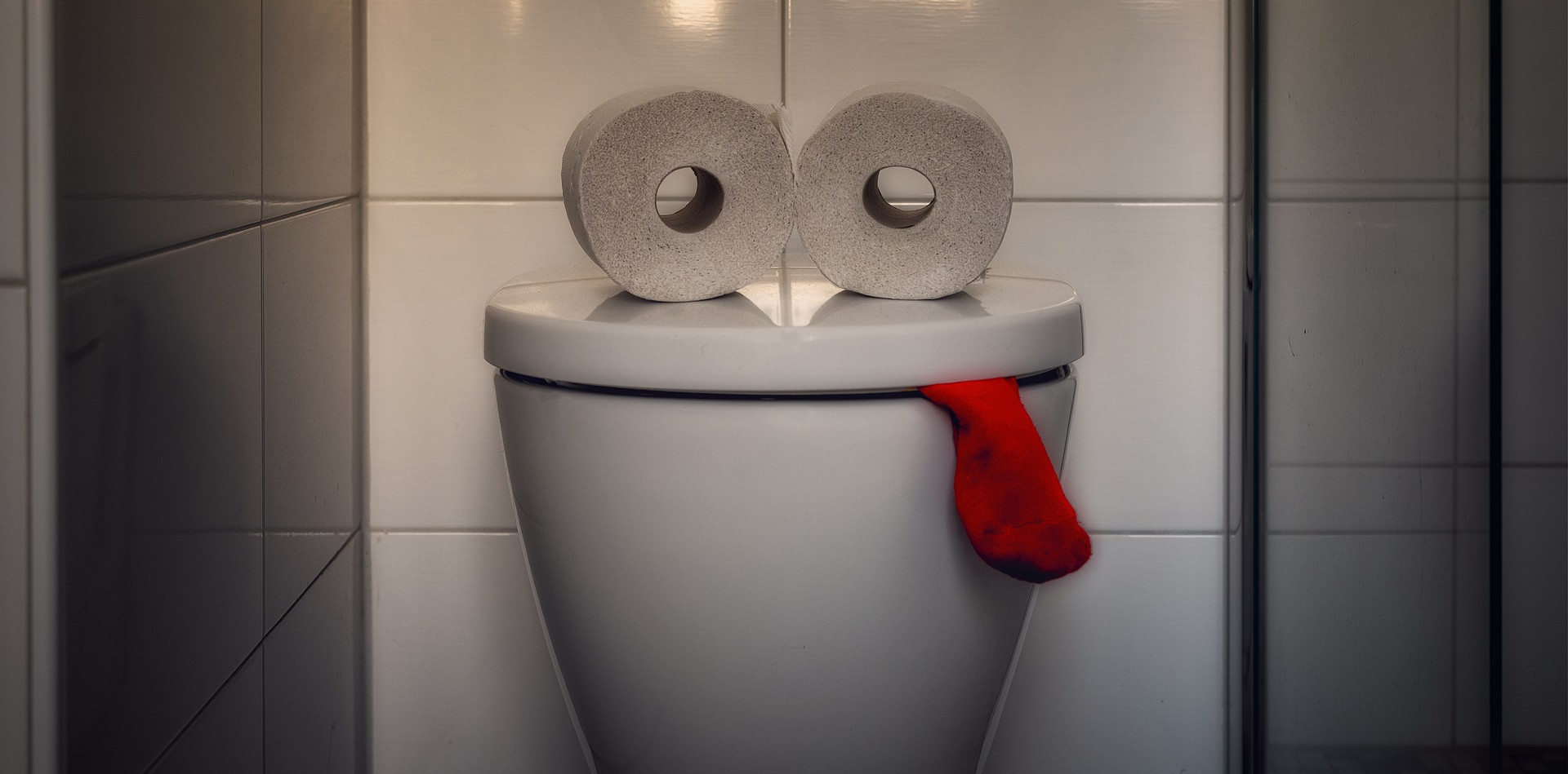 Whimsical bathroom decor featuring toilet paper rolls for eyes and a red cloth for a tongue, adding humor to pelvic health and constipation topics.
