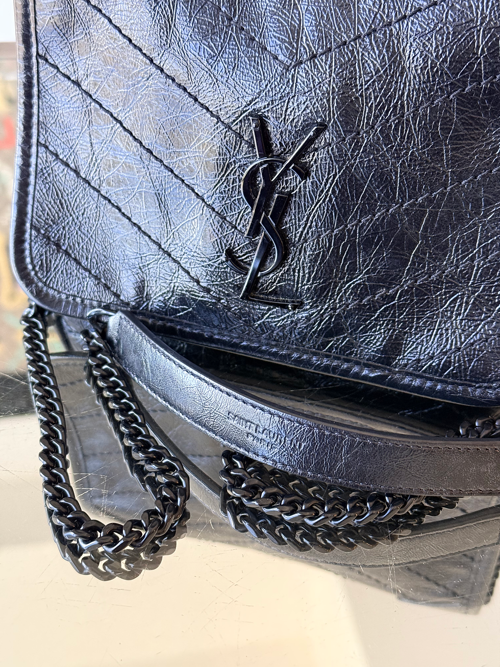 Miniatura: Saint Laurent Niki Chain Wallet in Crinkled Black Leather