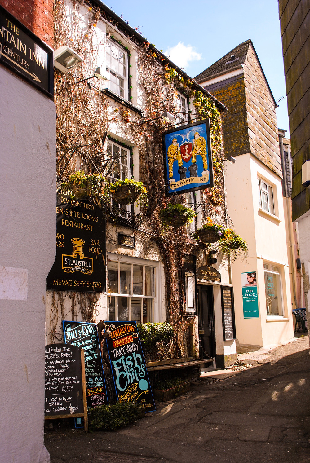 Cute little street of small town in Cornwall