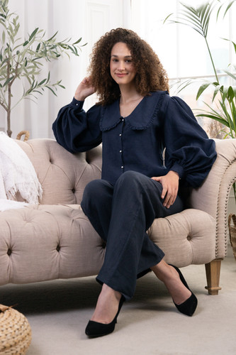 AMALKA ALORA women's elegant navy blouse with long puffy sleeves |