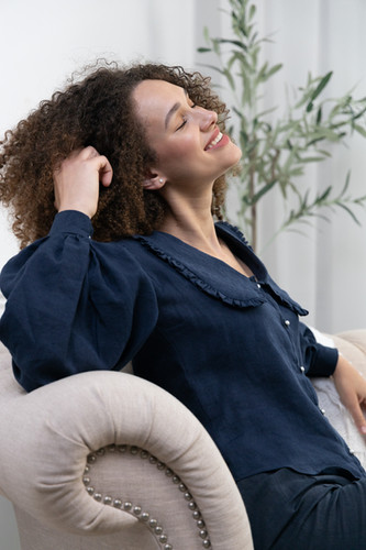 AMALKA ALORA women's elegant navy blouse with long puffy sleeves |