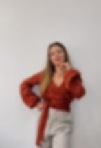 linen wrap blouse with puffy long sleeves