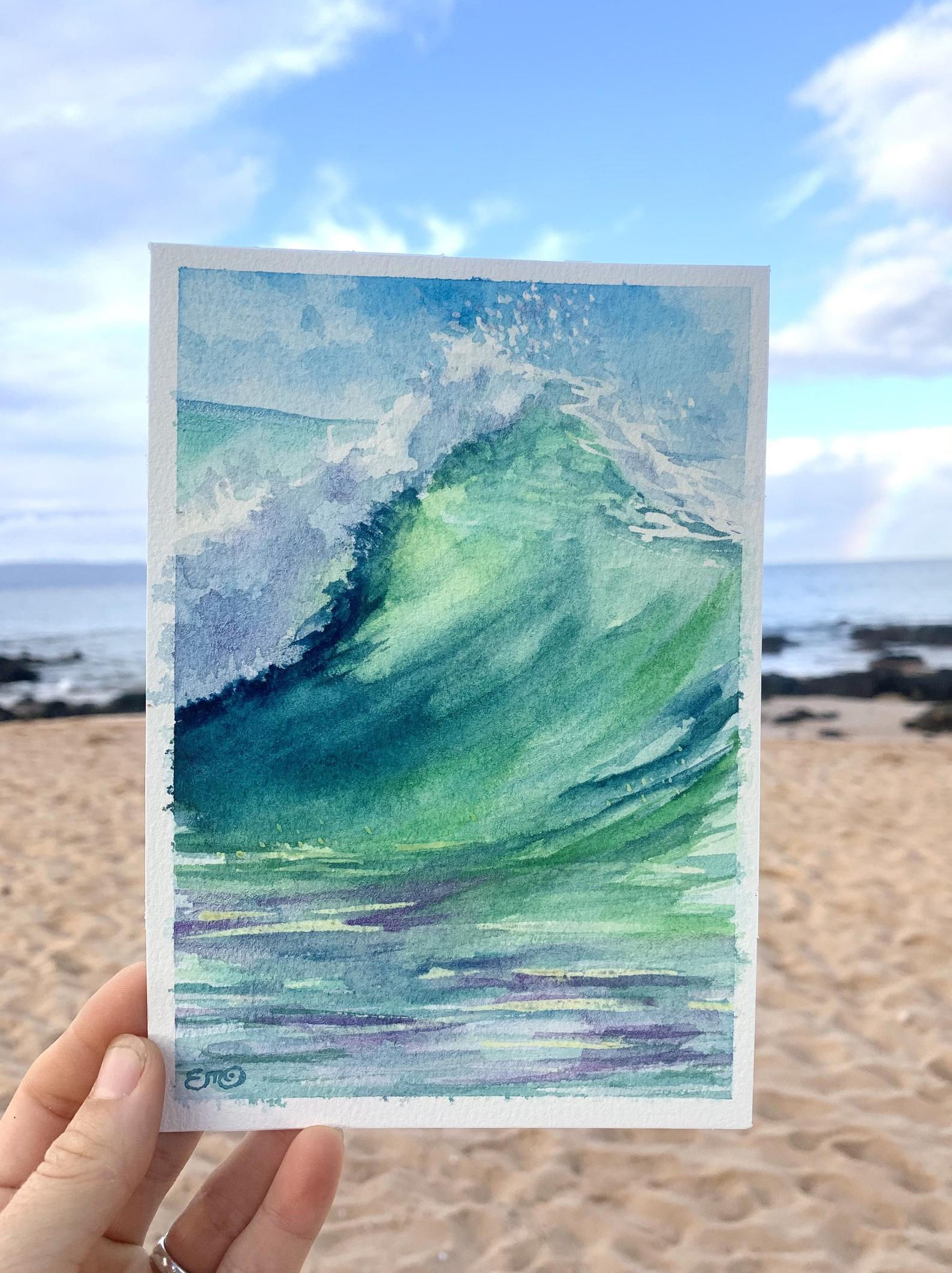 Original Teal Ocean Wave Tropical Watercolor Painting