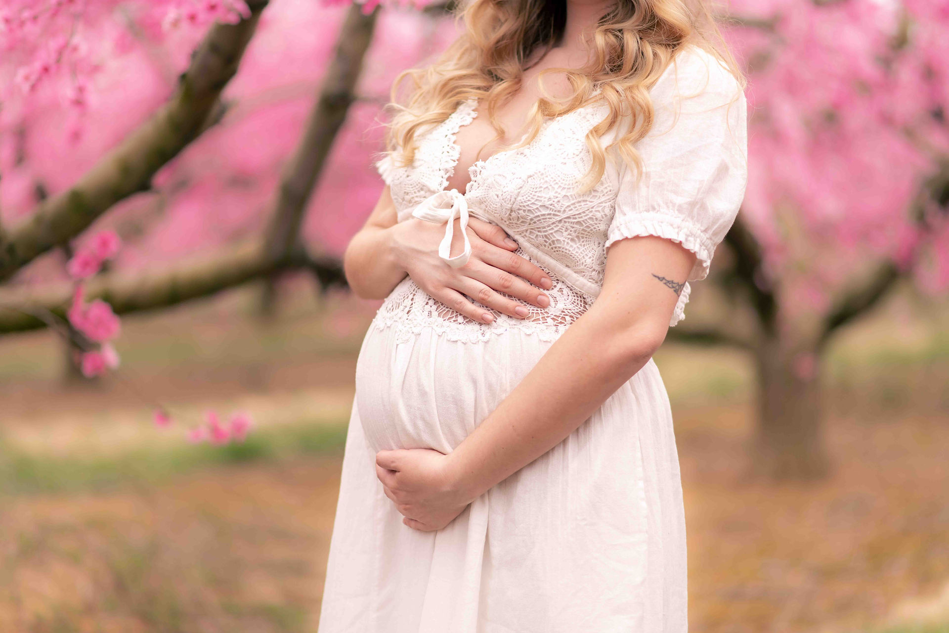 Maternity Photography in the peach blossoms at Orr's Farm Market in West Virginia by Virginia Matern